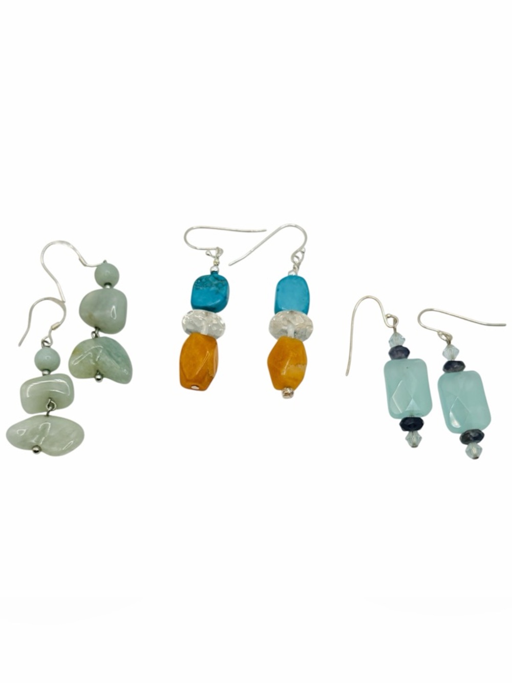 Handmade Multi-Color Gemstone Drop Earrings Trio Lot Sterling Silver Bohemian